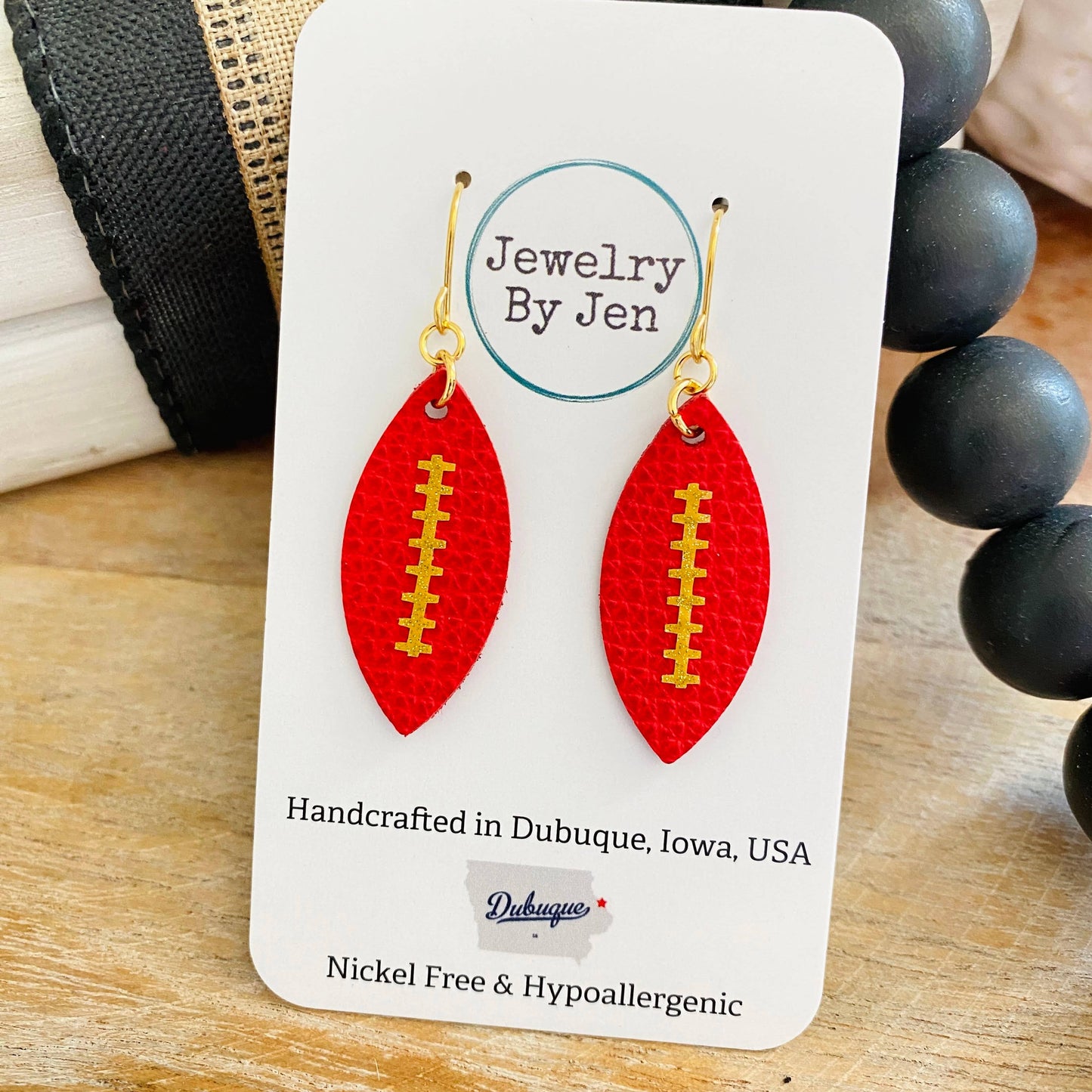Red w/Gold Stitches Football Earrings