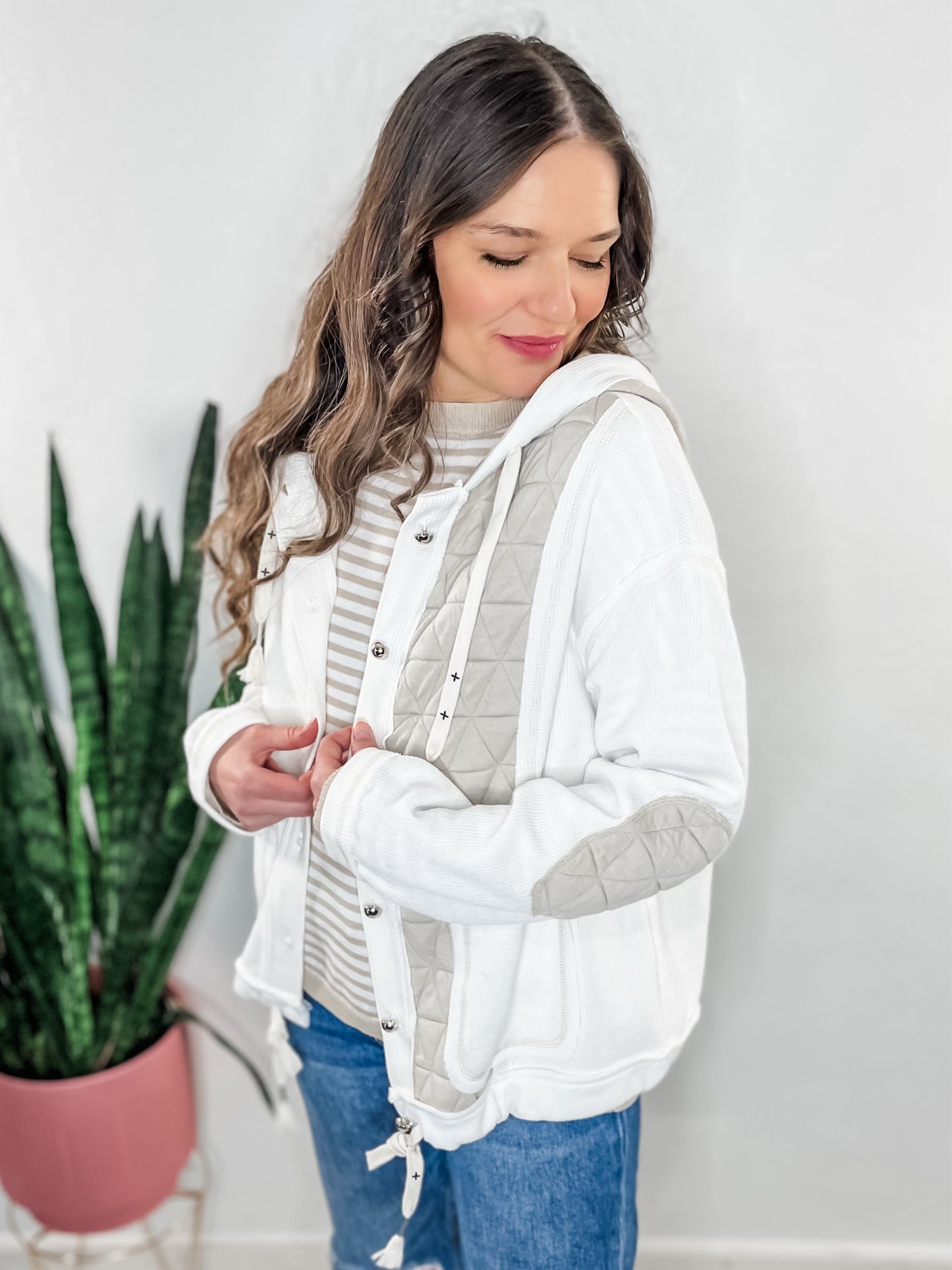 White & Beige Textured Patchwork Jacket