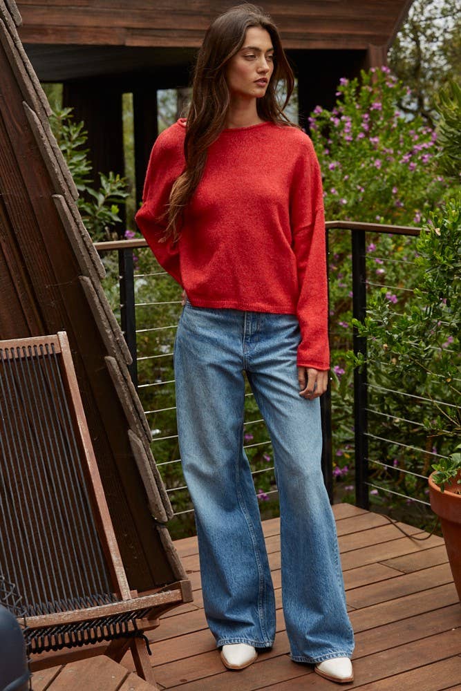Knit Sweater Rolled Round Neck Pullover Top