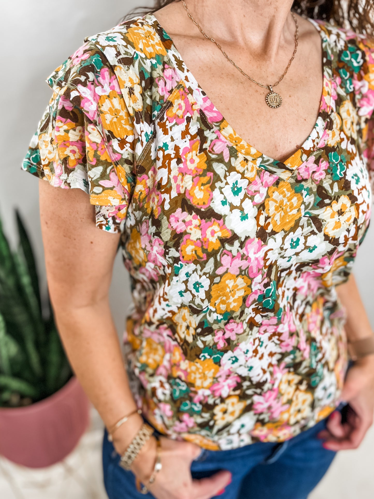 Floral Ruffle Sleeve Knit Top