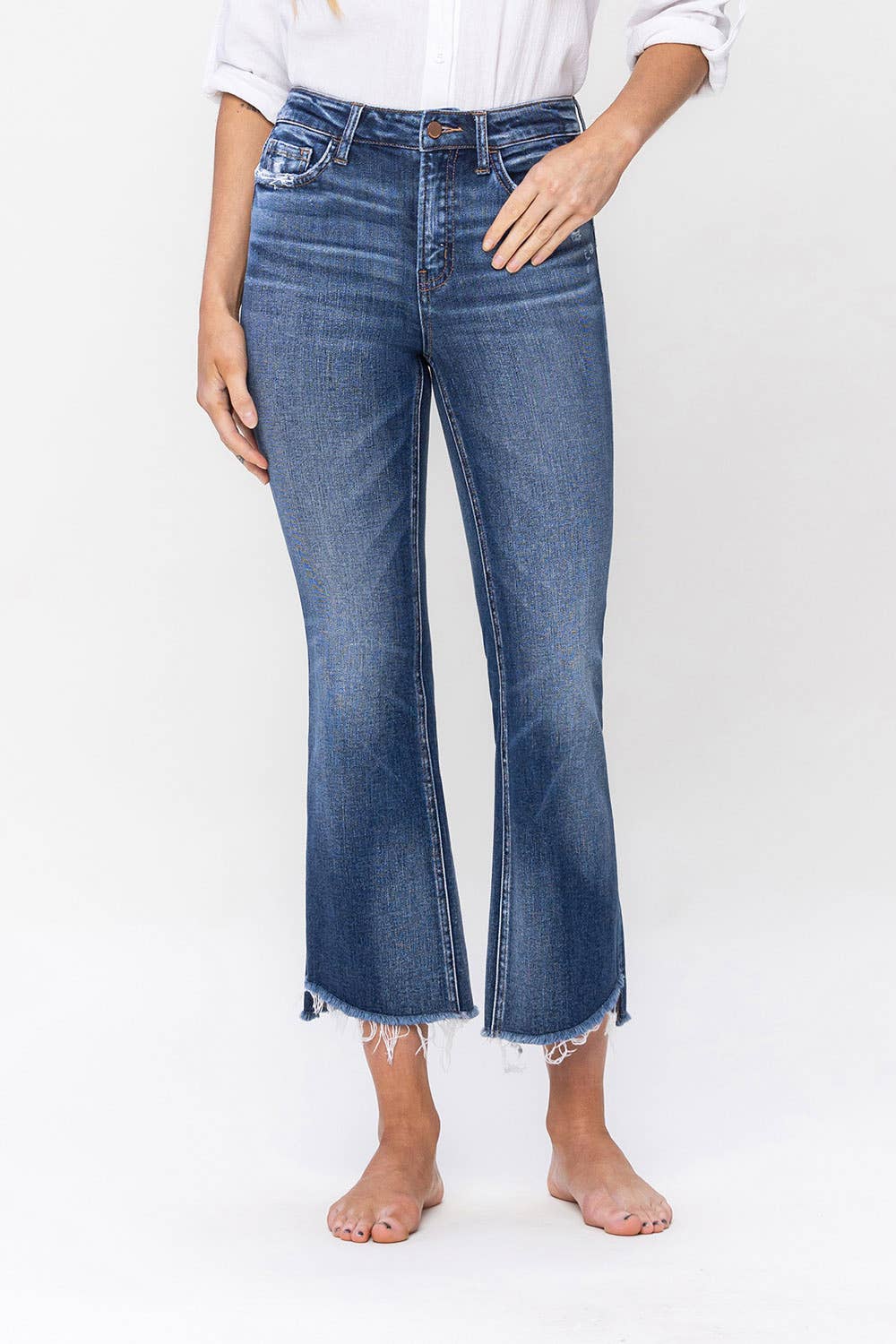 Flying Monkey High Rise Raw Step Hem Crop Flare Jean