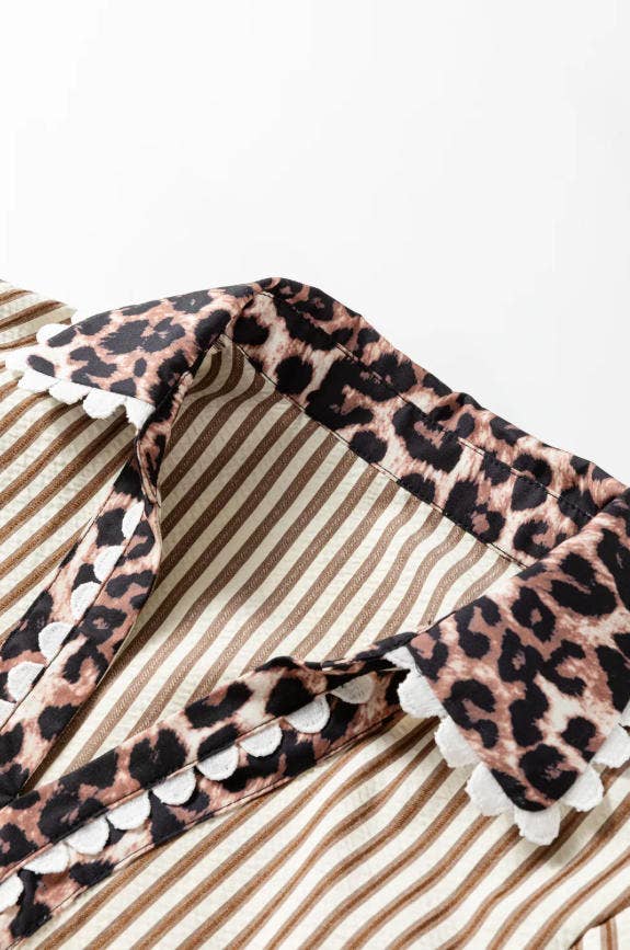 Brown Stripe & Leopard Patchwork Collar V Neck Blouse