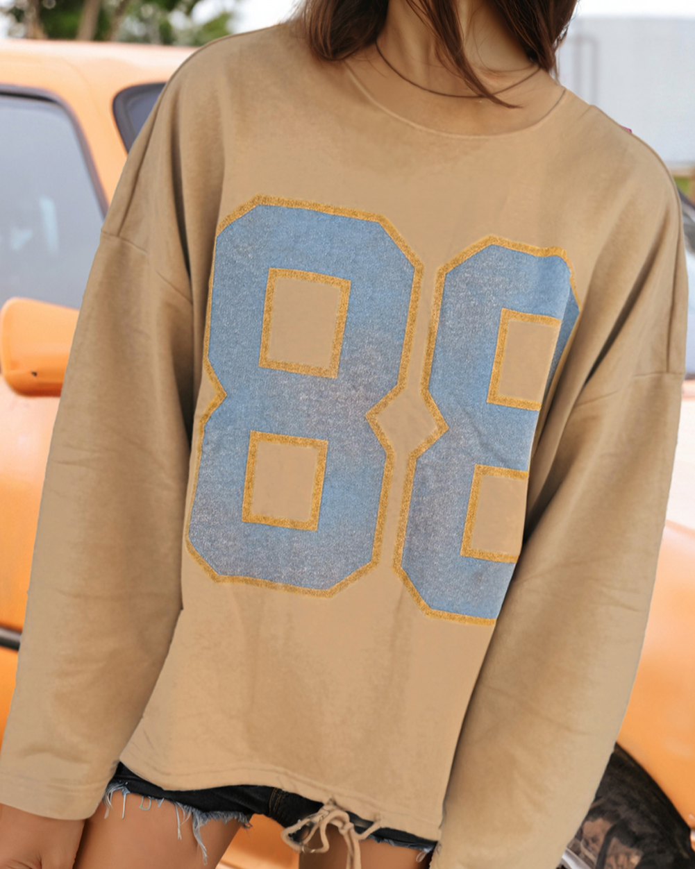 88 Graphic Drawstring Hemline Oversize Long Sleeve Top