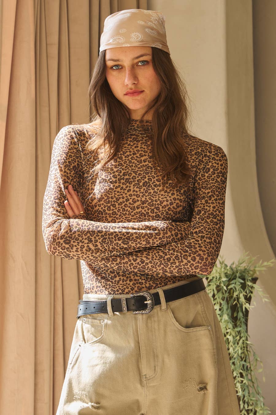 Leopard Printed Mesh Long Sleeve Top