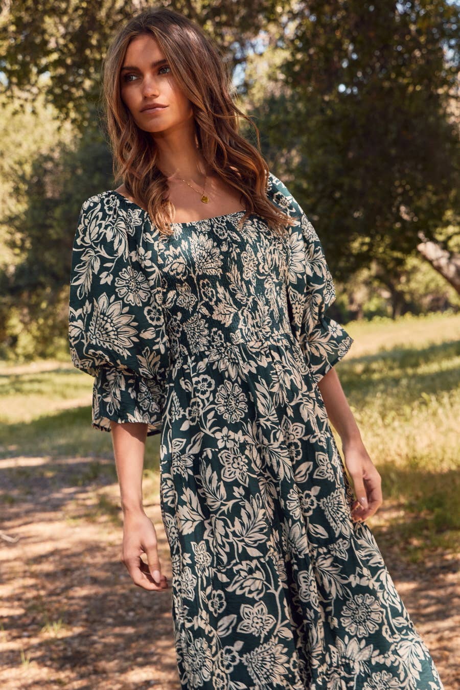 Emerald Green Floral Printed Midi Dress
