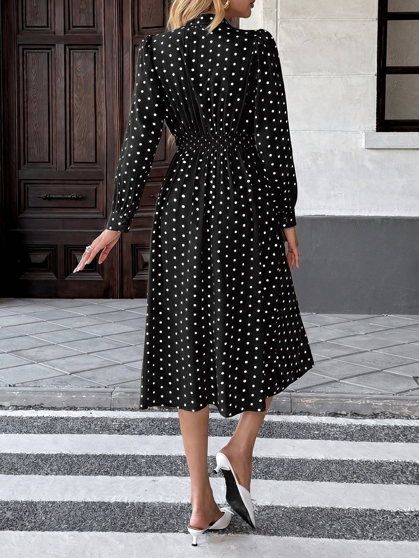Polka Dot Bow Tie Neck Dress Long Sleeve Vintage Midi