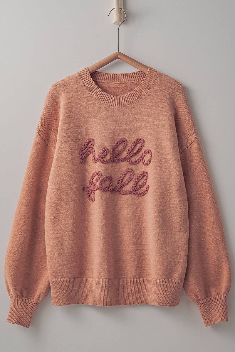 Cozy Embroidered Hello Fall Knit Crewneck Sweater