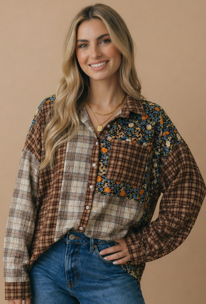 Plaid & Floral Color Block Button Down