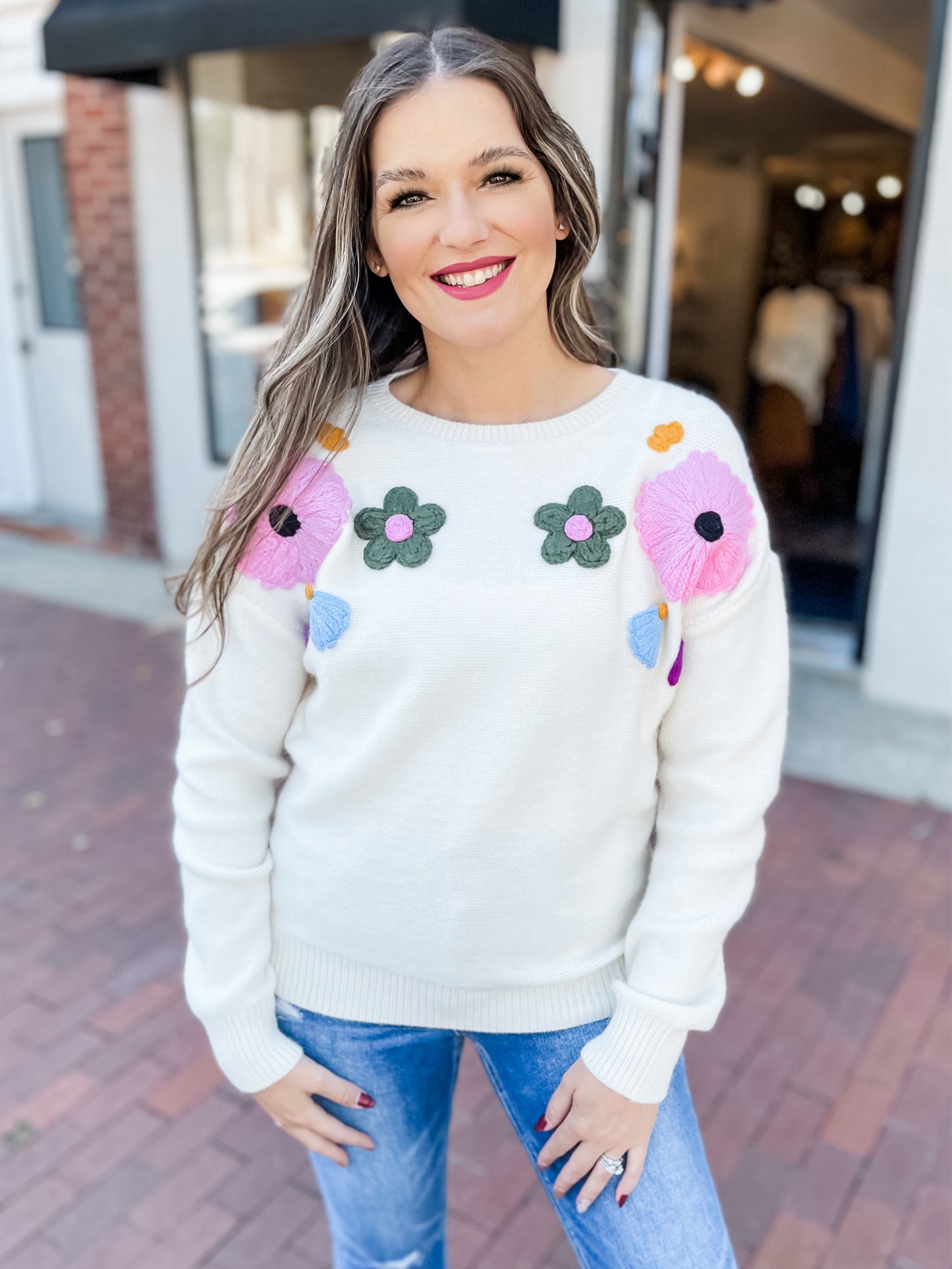 Ivory Flower Stitched Sweater