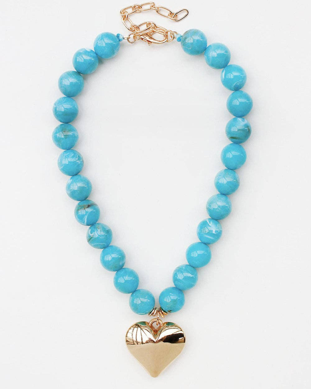 Turquoise 18MM Beaded with Gold Heart Charm 16"-18" Necklace