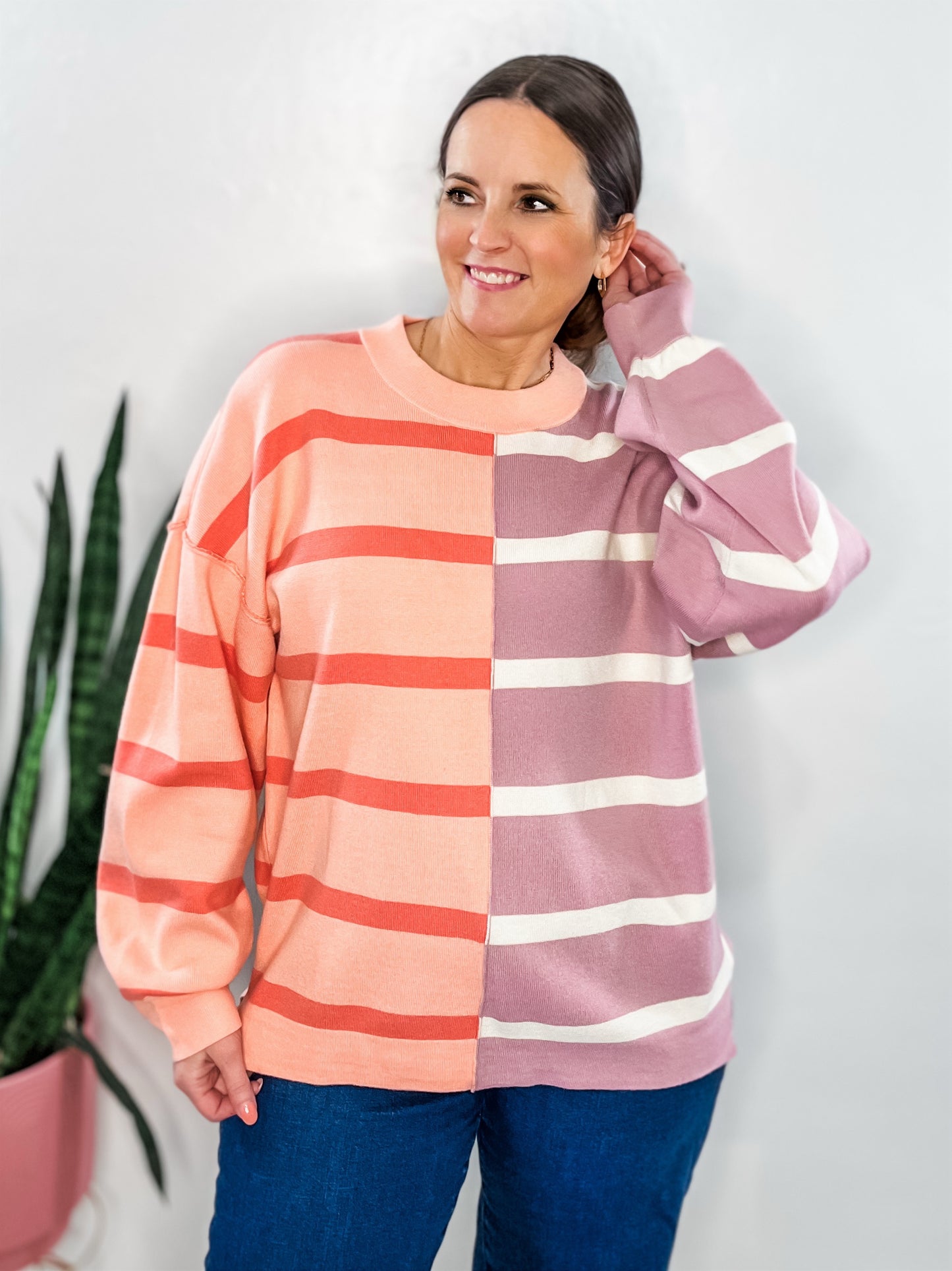 Pink Lavender Half & Half Stripe Sweater