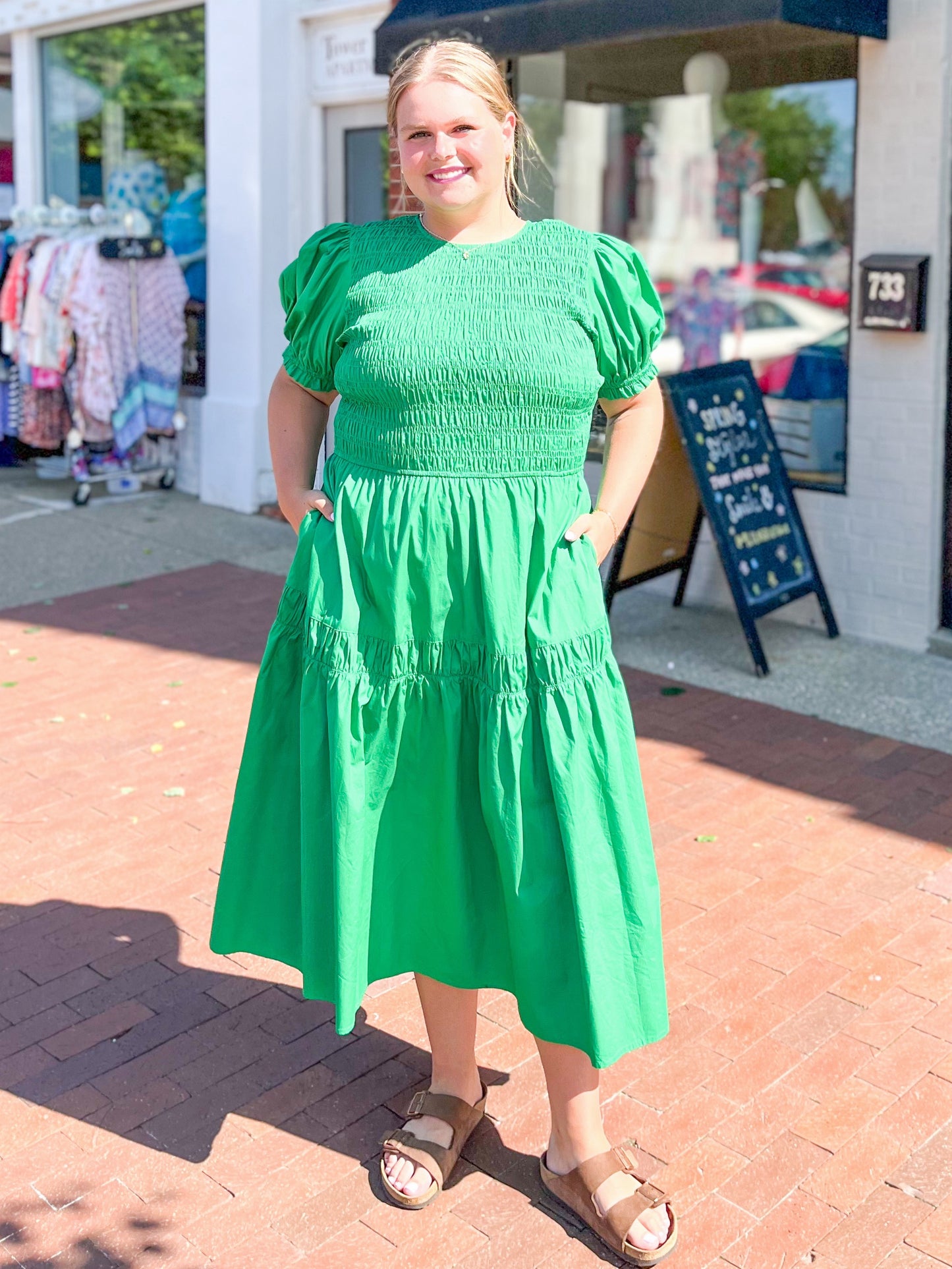 Kelly Green Poplin Smocked Midi Dress