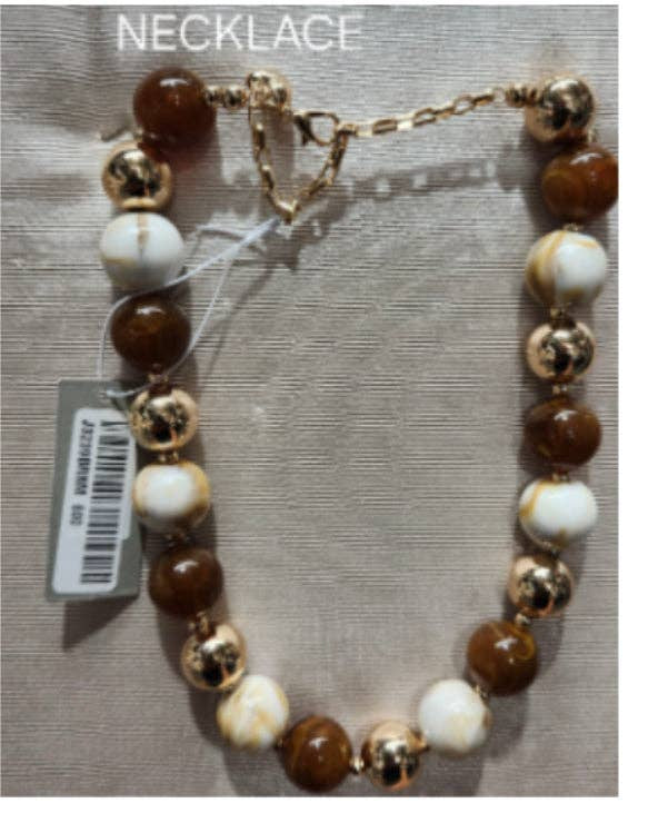 Brown and White Natural Stone with Gold Necklace