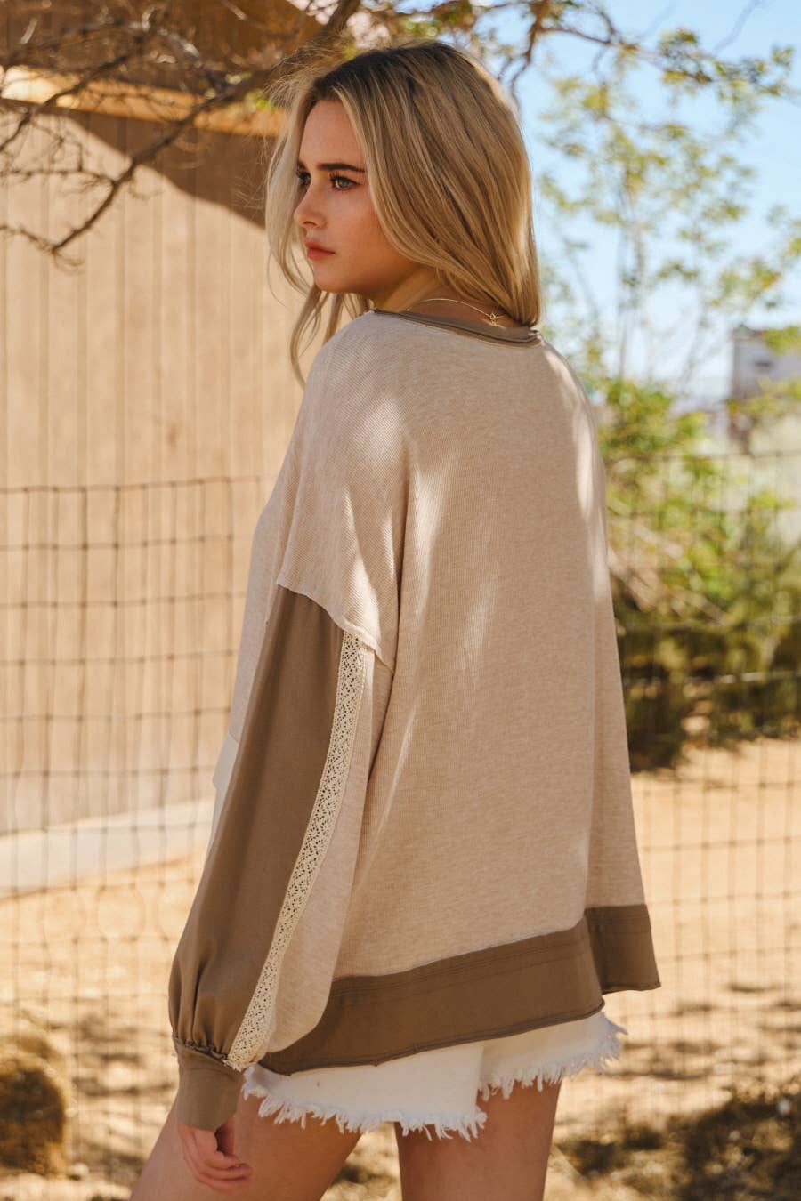 Tan Color Block w/ lace Sweatshirt