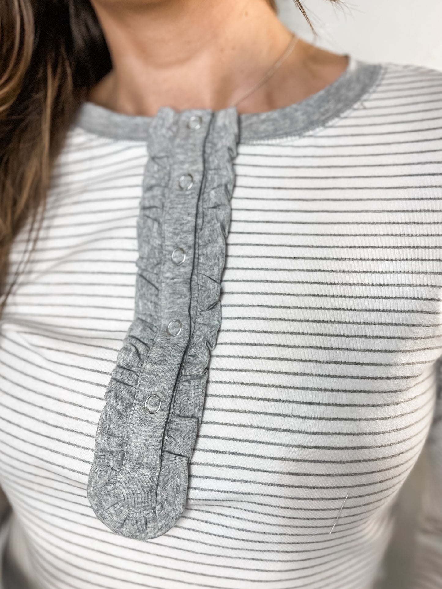 Grey & White Stripe Ruffled Henley