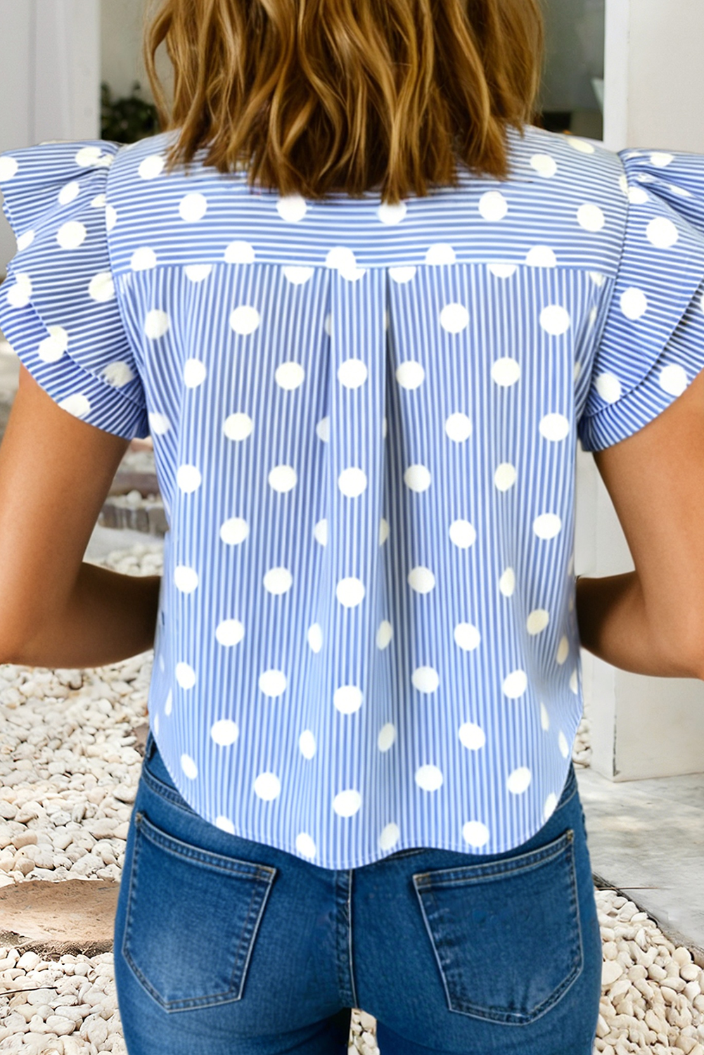 Polka Dot Striped V Neck Ruffle Sleeve Top
