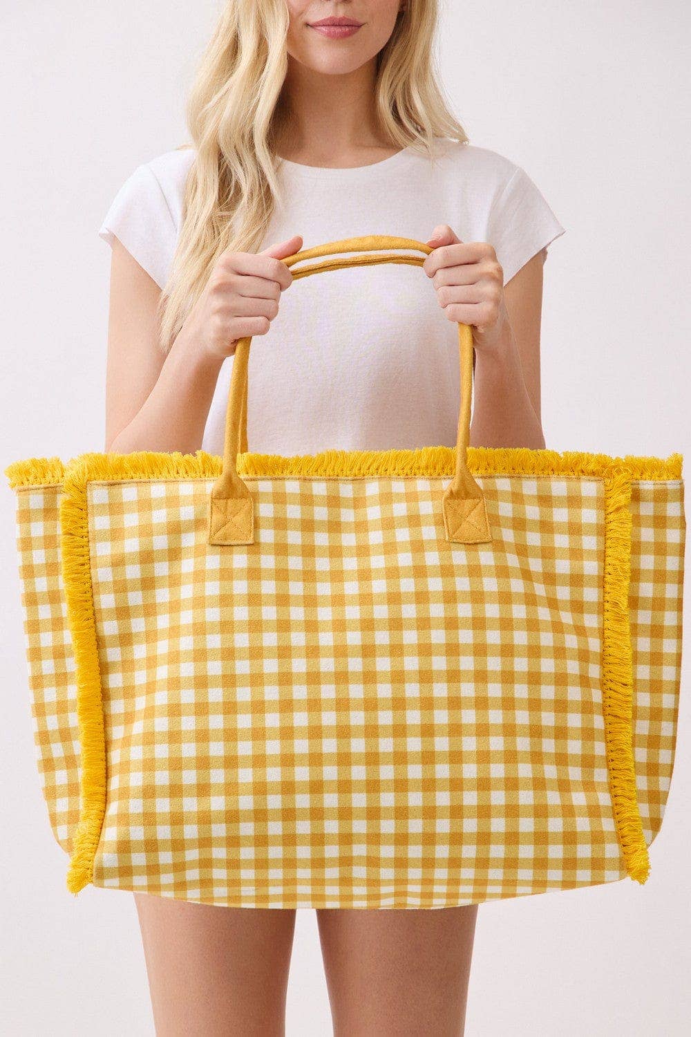 Gingham Terry Cloth Fringe Beach Tote Bag