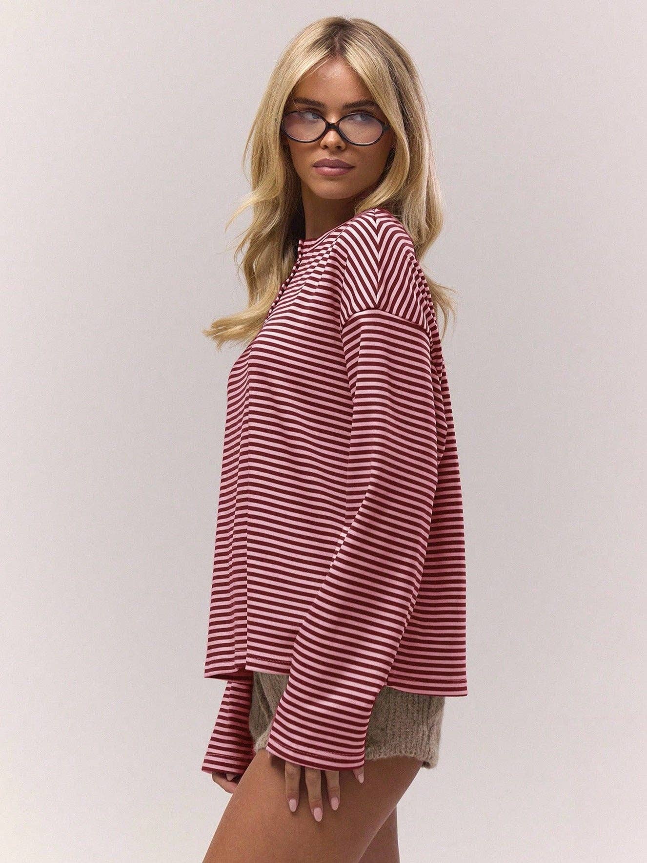 Striped Henley Oversized Long Sleeve