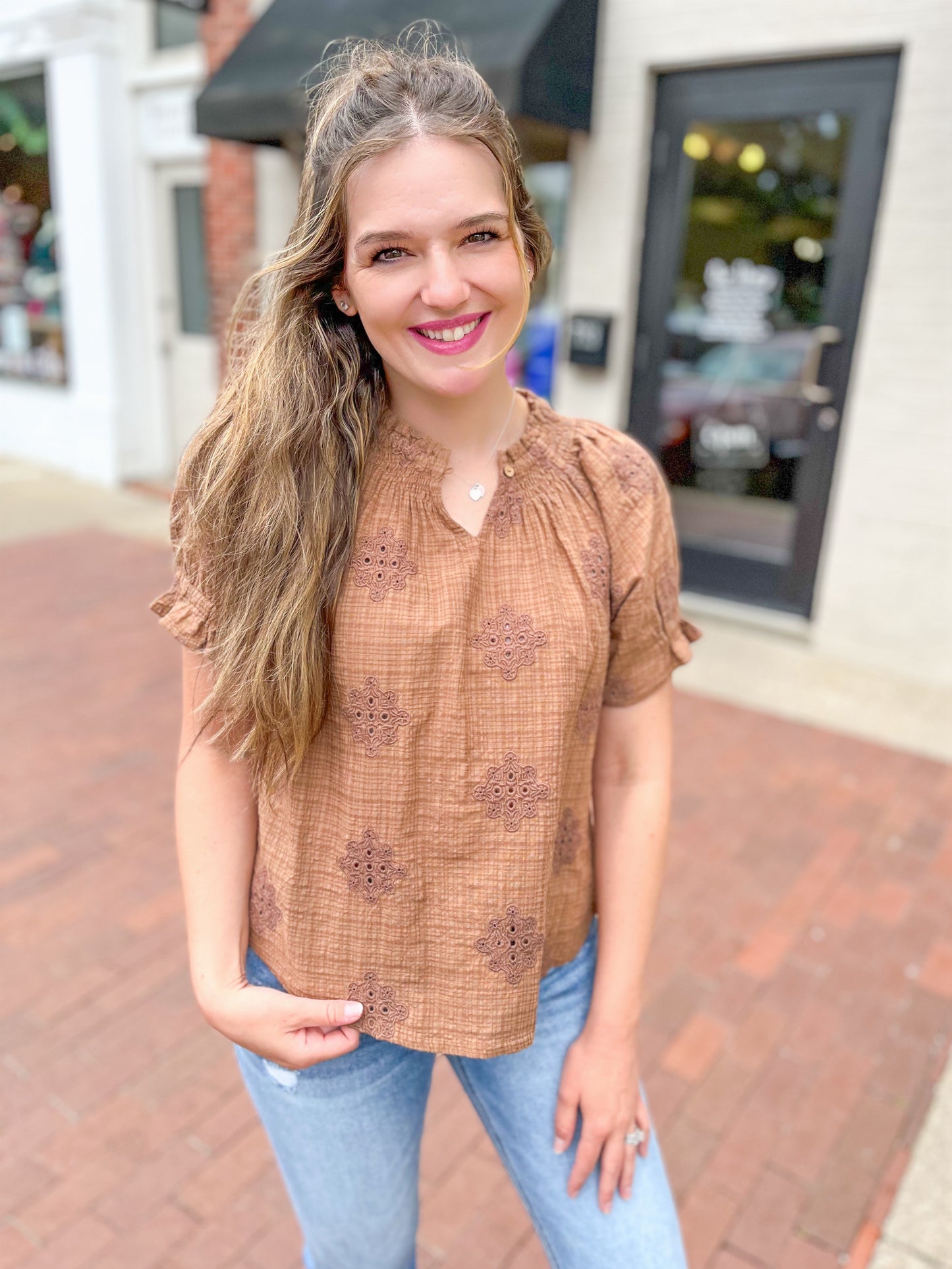 Latte Smocked Eyelet Woven Top