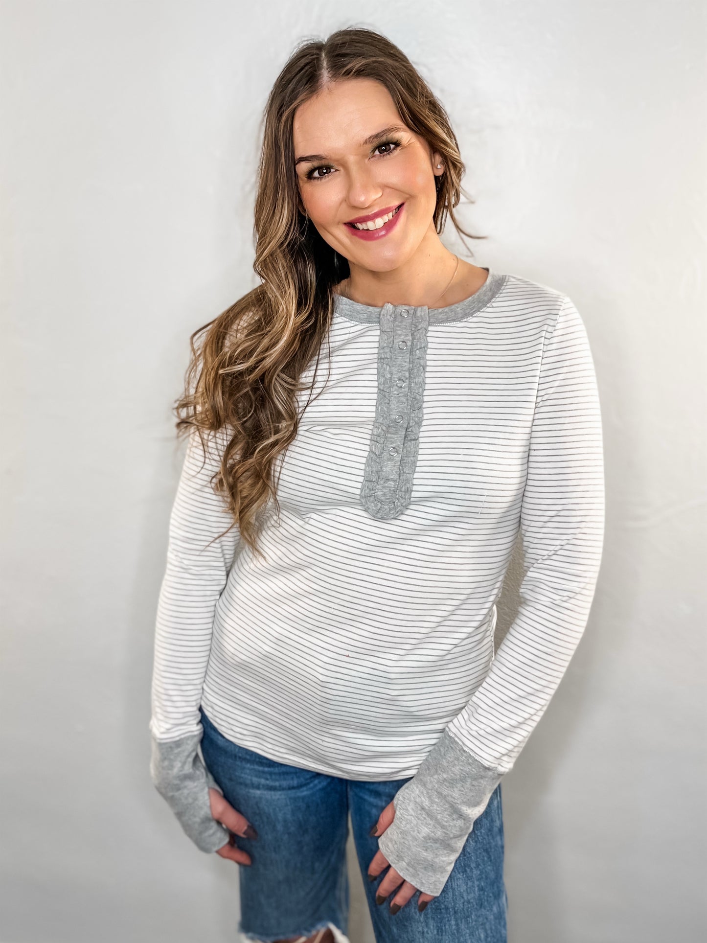 Grey & White Stripe Ruffled Henley