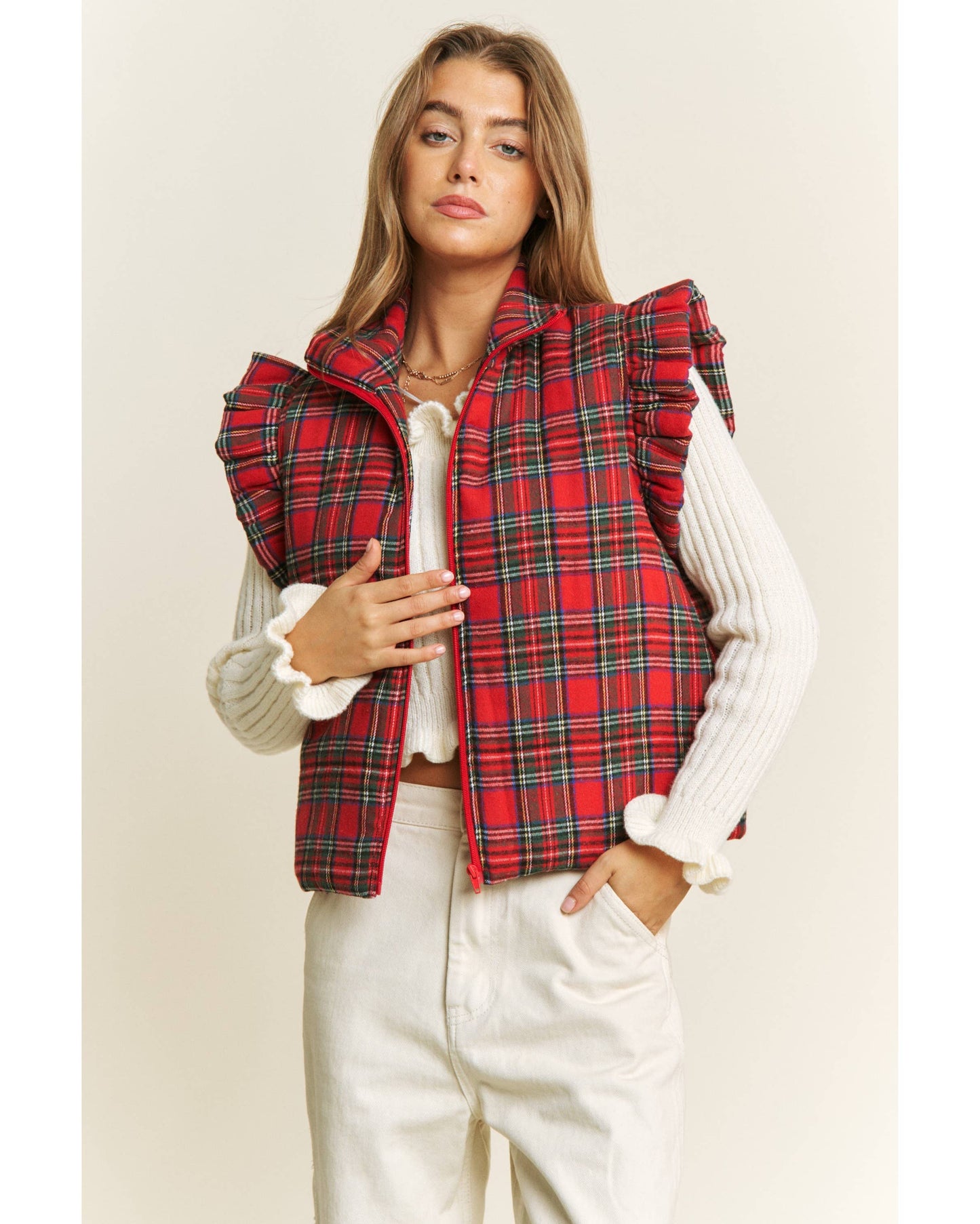 TARTAN RUFFLED PLAID PUFFER ZIP UP VEST