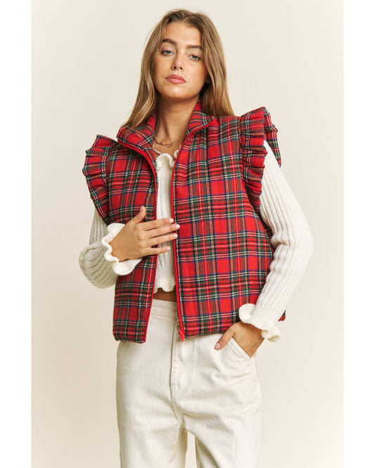 TARTAN RUFFLED PLAID PUFFER ZIP UP VEST