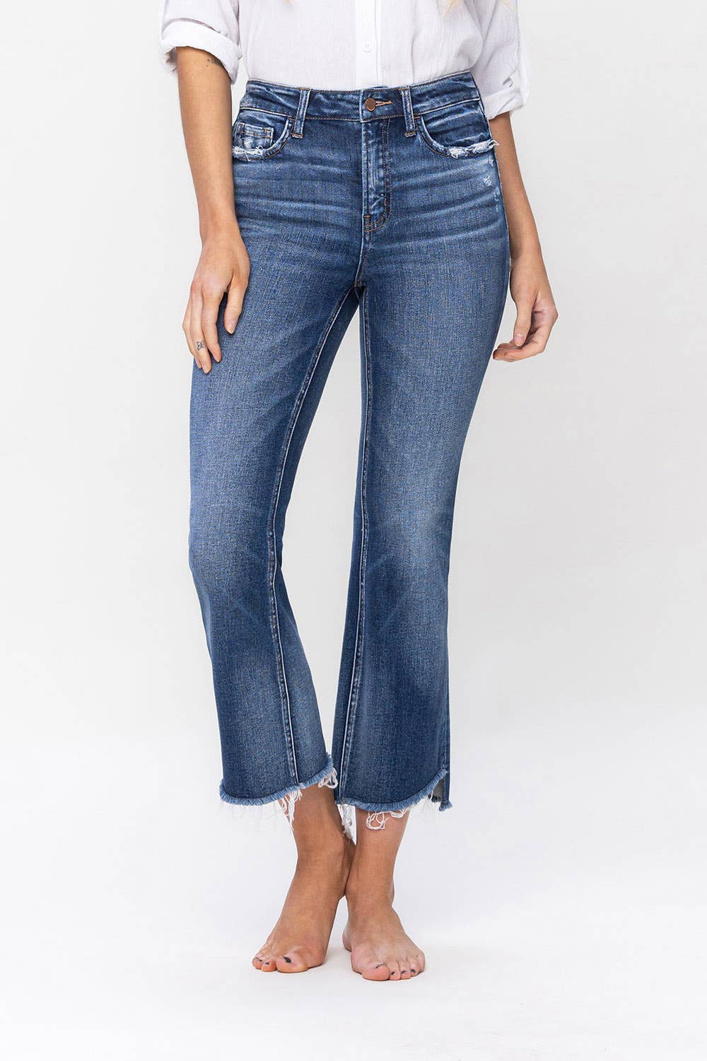Flying Monkey High Rise Raw Step Hem Crop Flare Jean