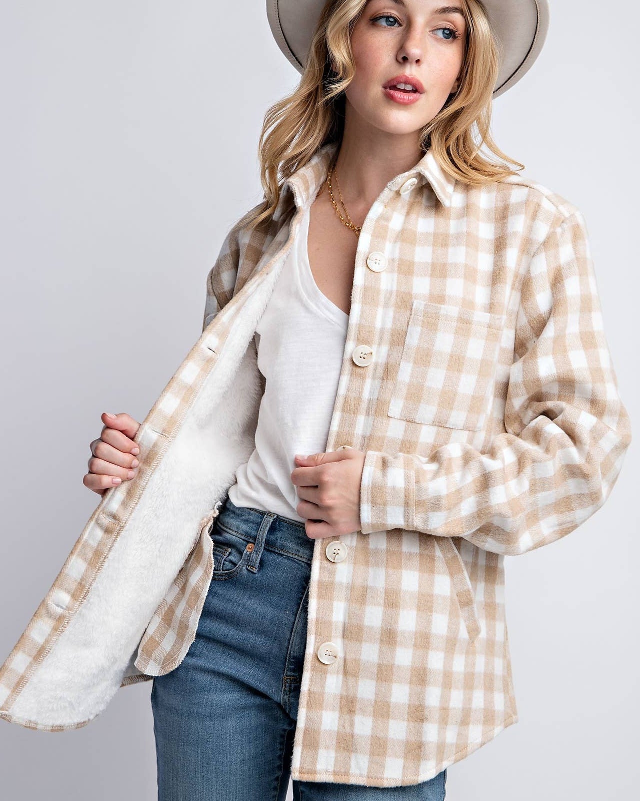 FUZZY PLAID FUR LINED BUTTON DOWN FLANNEL SHACKET