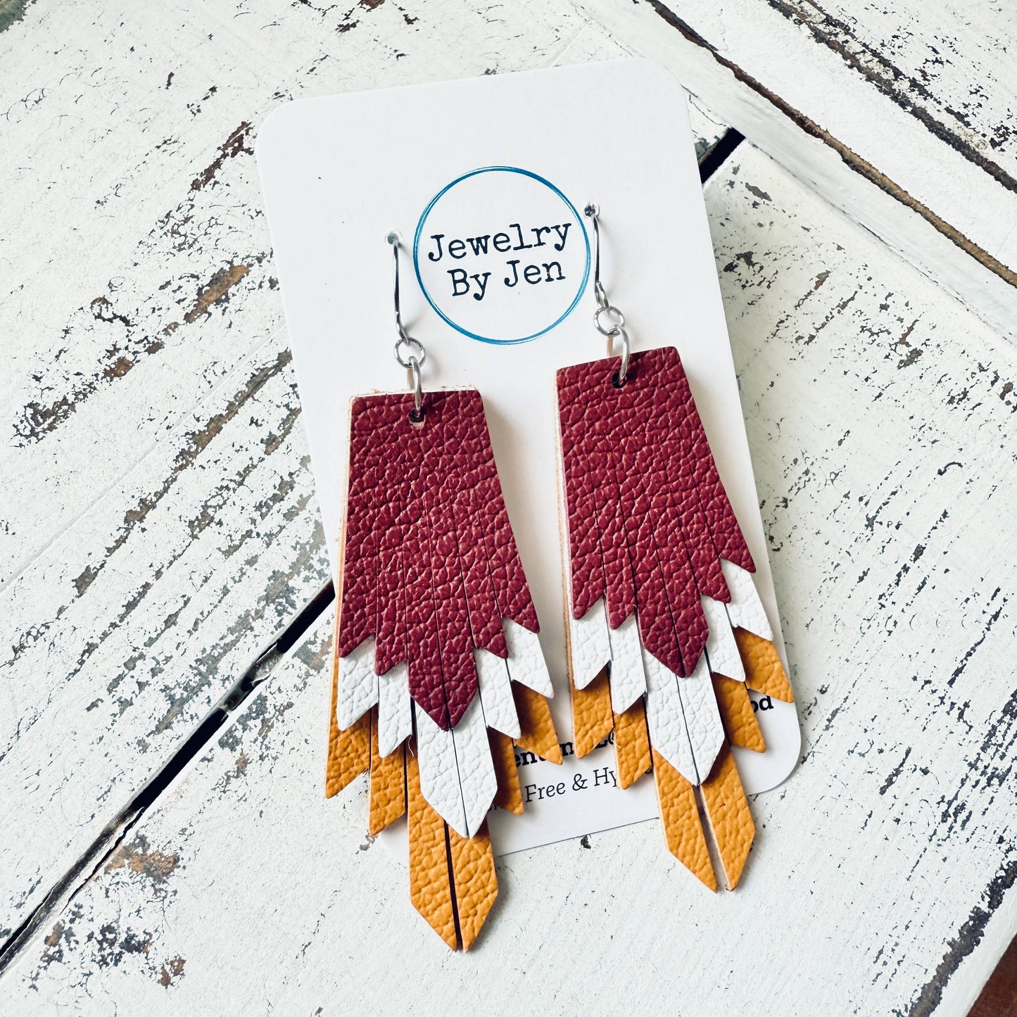 Maroon/White/Mustard Fringe Earrings
