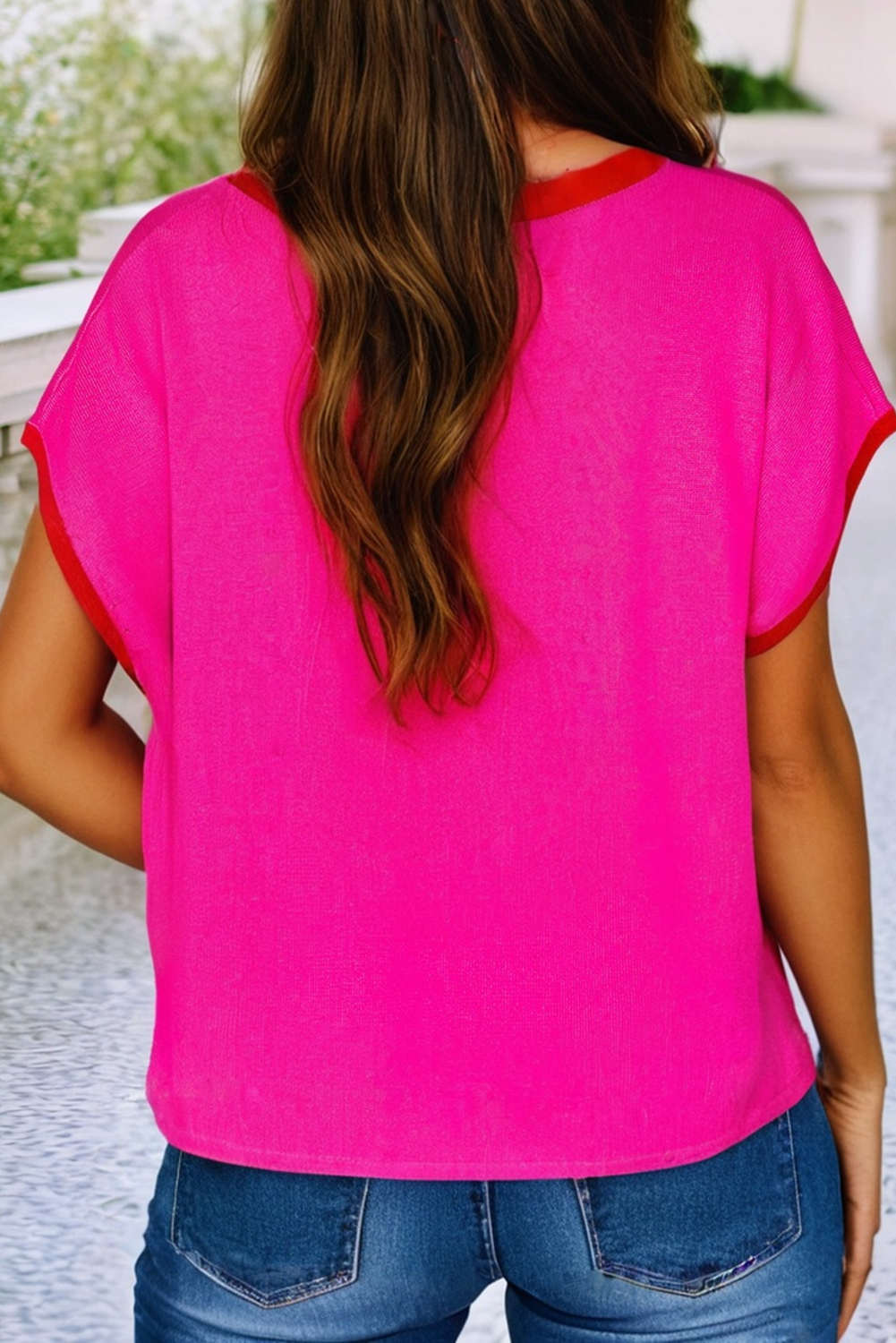 Contrast Trim Round Neck Short Sleeve Loose Knit Sweater