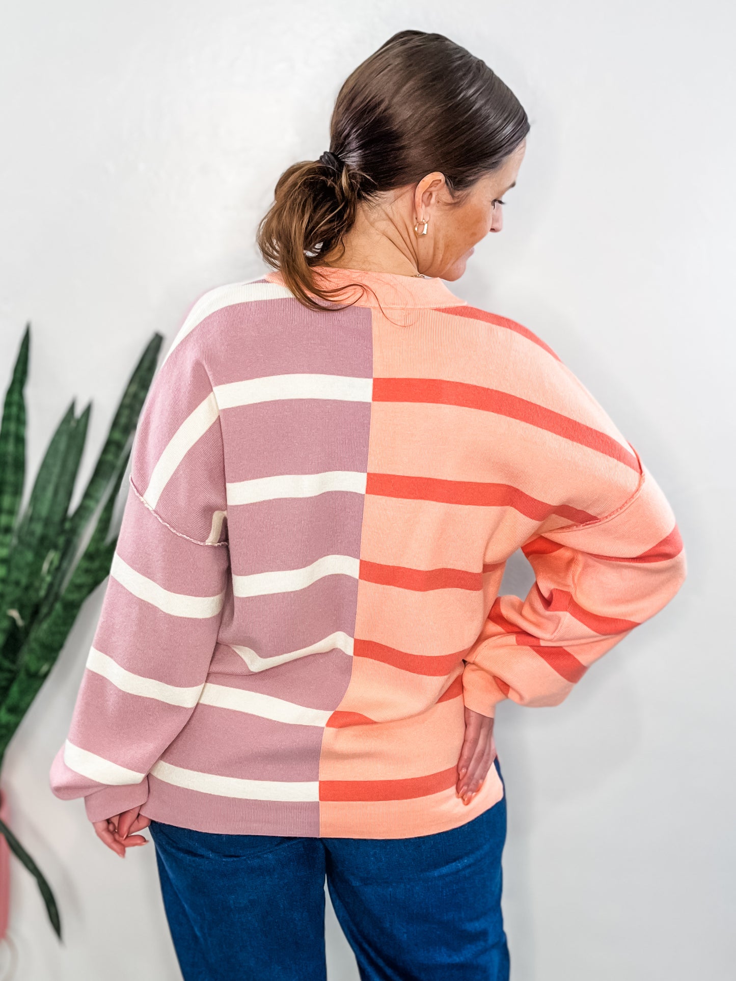 Pink Lavender Half & Half Stripe Sweater
