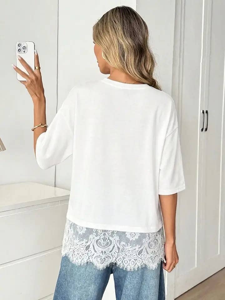 White Lace Trim Relaxed Fit Top