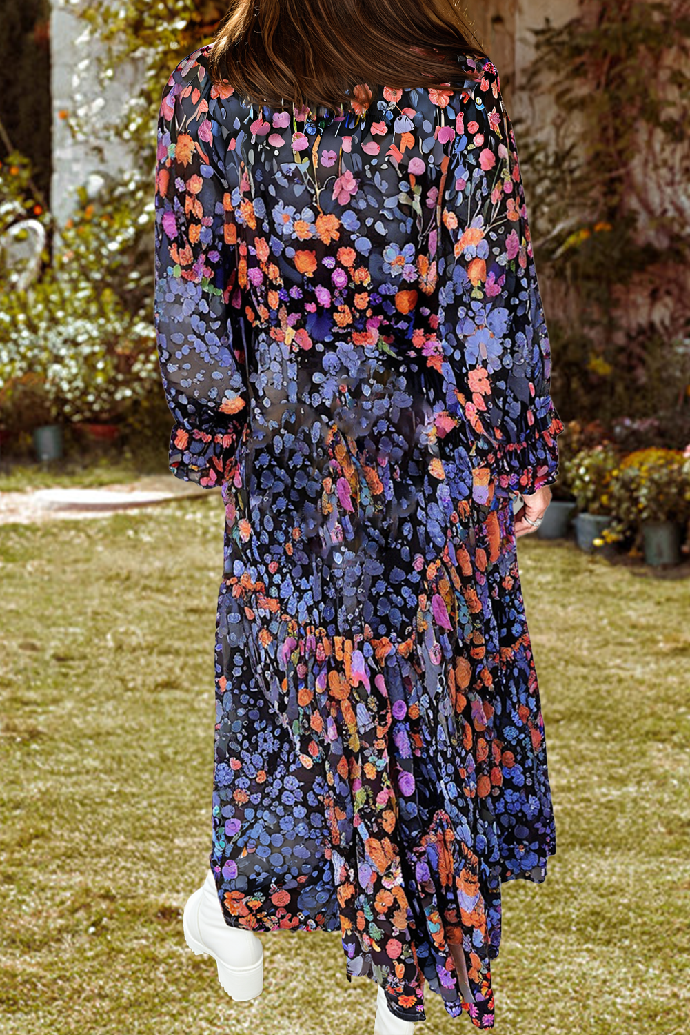 Floral Print Tassel Tie Long Sleeve Flowy Long Dress