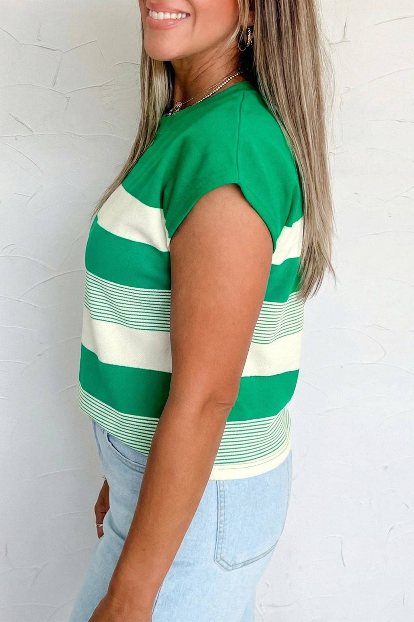 Green Stripe Mixed Print Crew Neck Cap Sleeve T Shirt