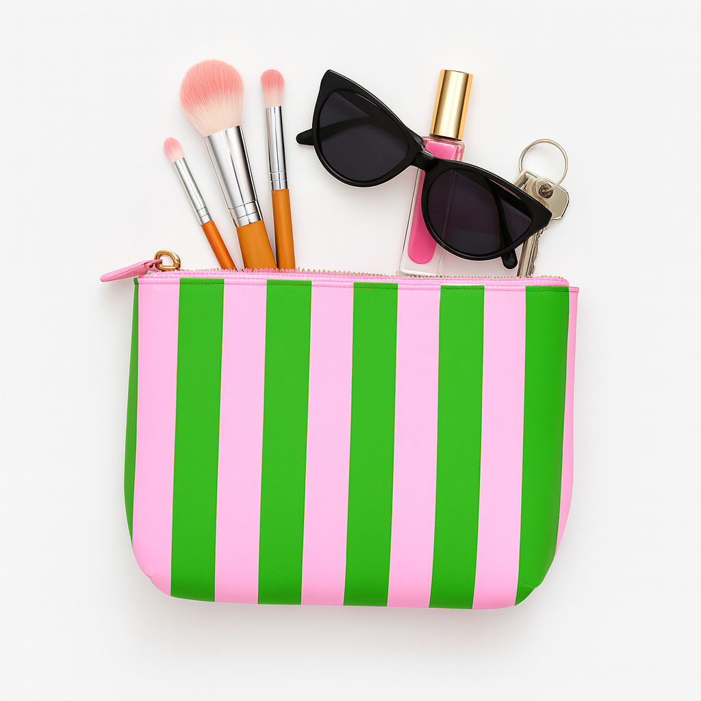 Preppy Pink & Green Stripe Cosmetic Bag