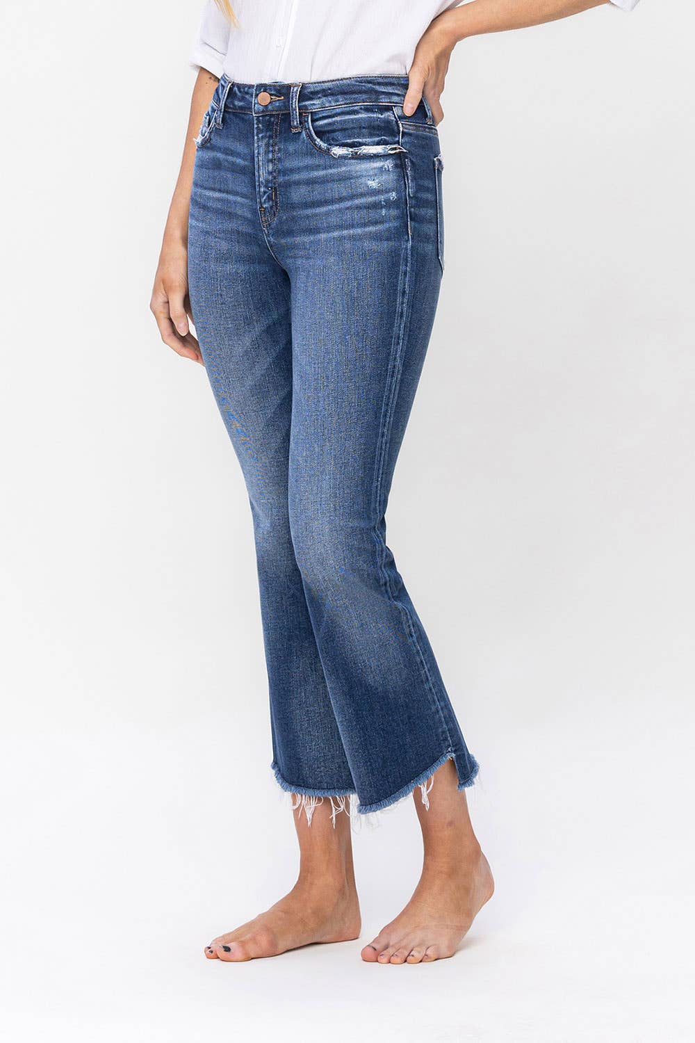 Flying Monkey High Rise Raw Step Hem Crop Flare Jean
