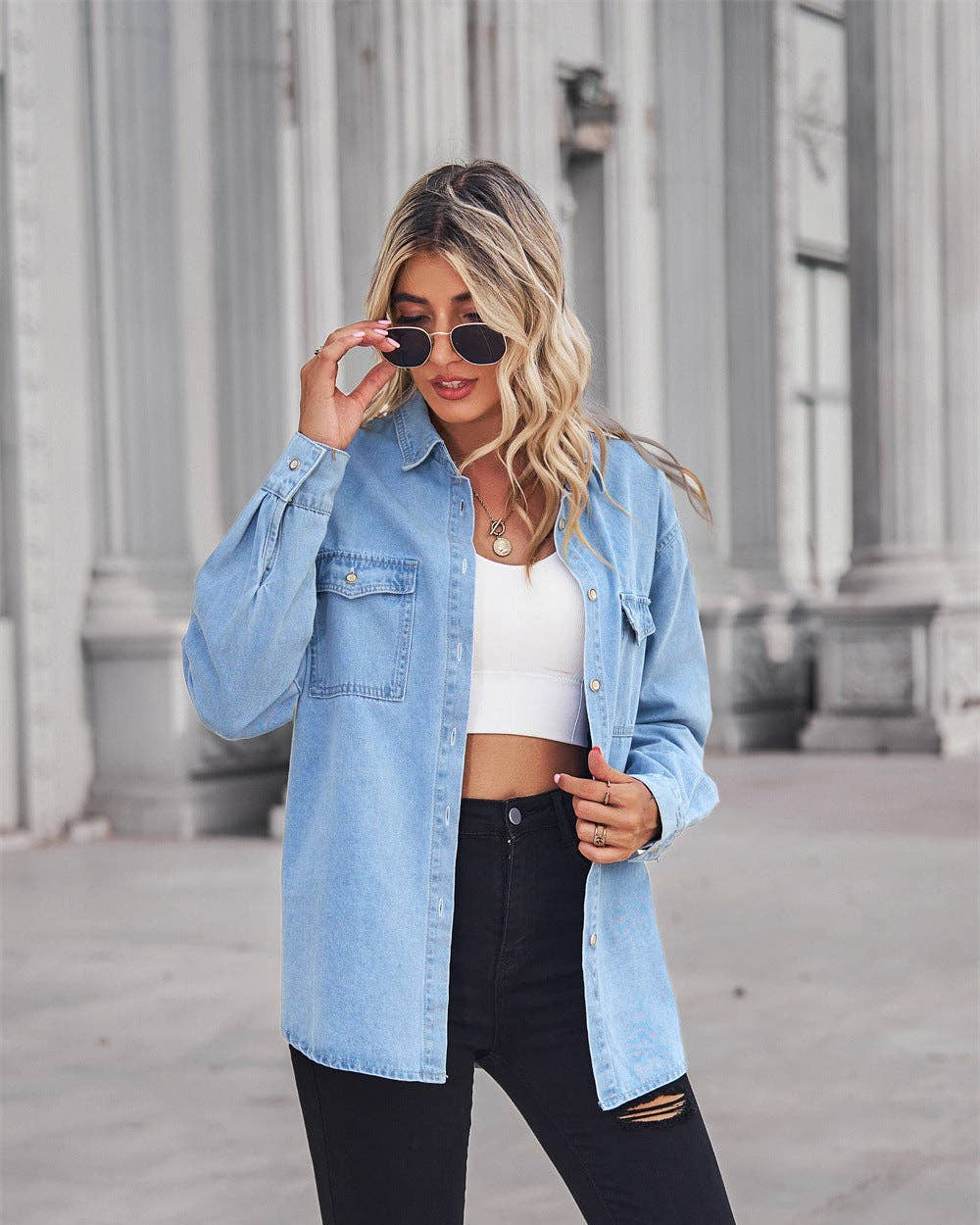Denim Lapel Button Down Top