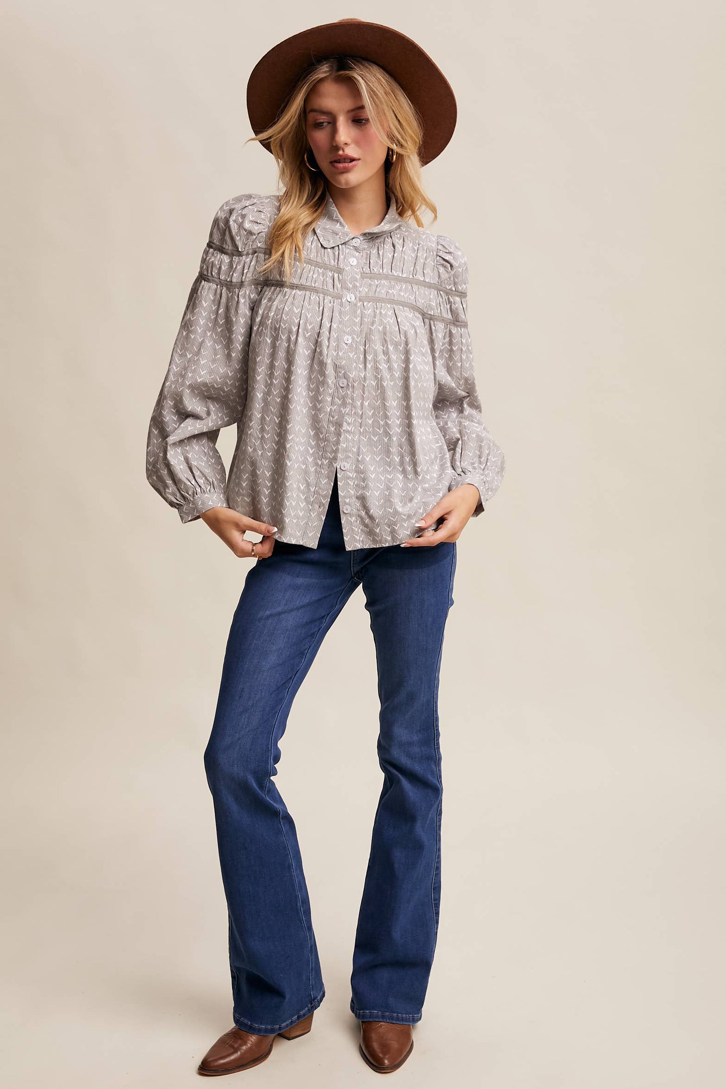 Lavender Grey Pintuck Puff Sleeve Blouse