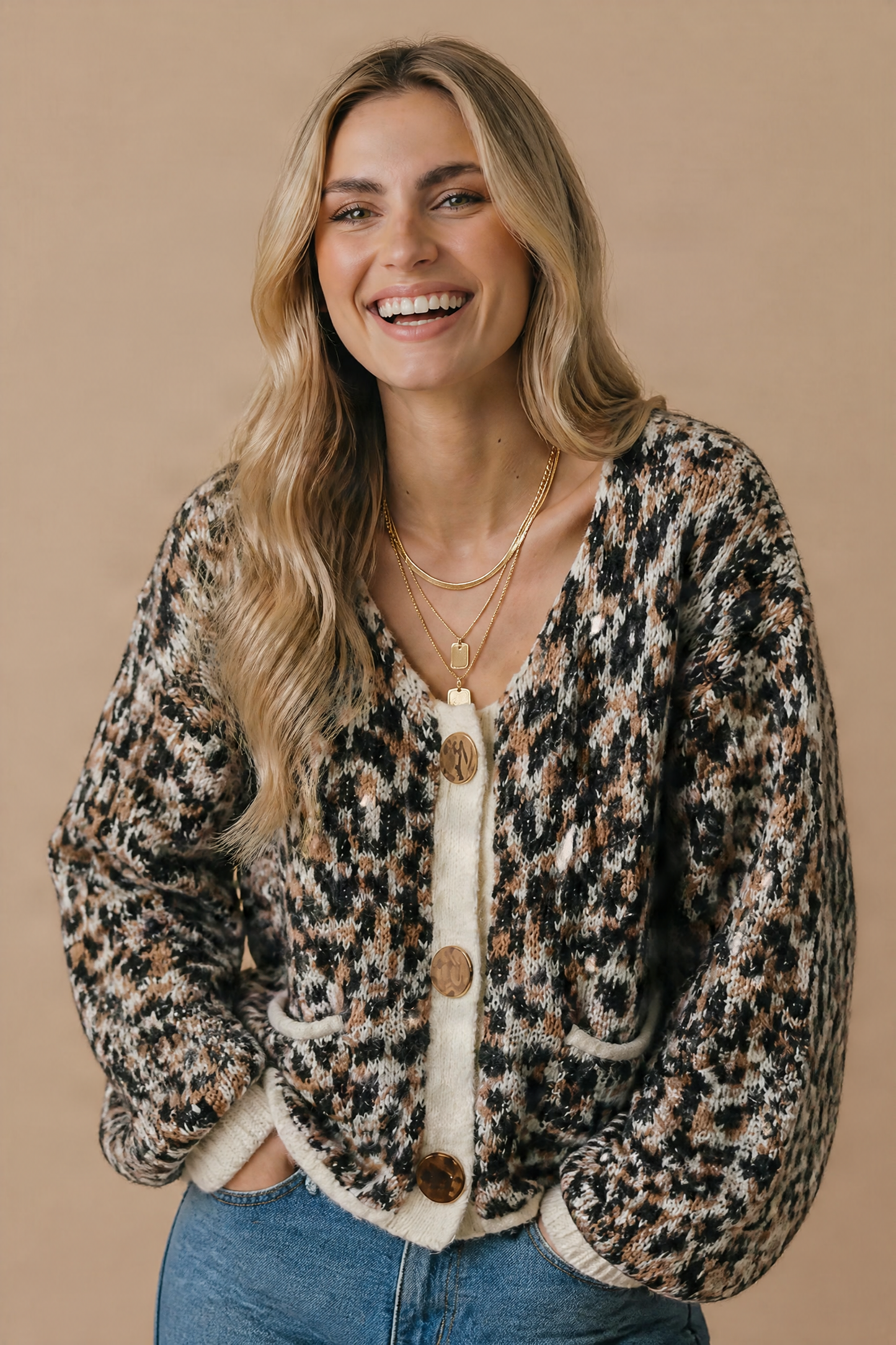 Scoop Neck Leopard Gold Buttons Cardigan