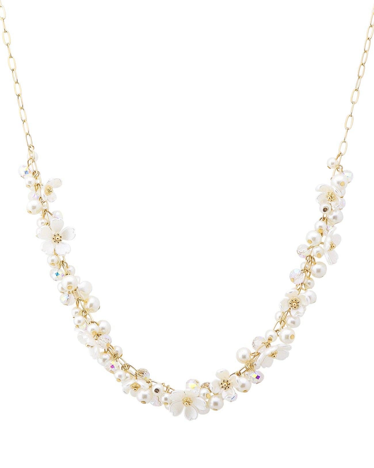 Pearl, Flower, and Crystals on Gold Chain 16"-18" Necklace