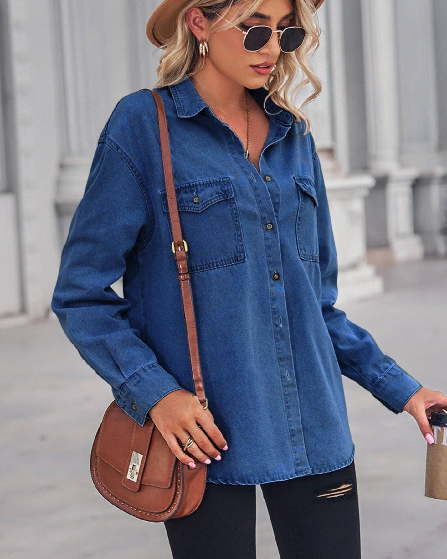 Denim Lapel Button Down Top