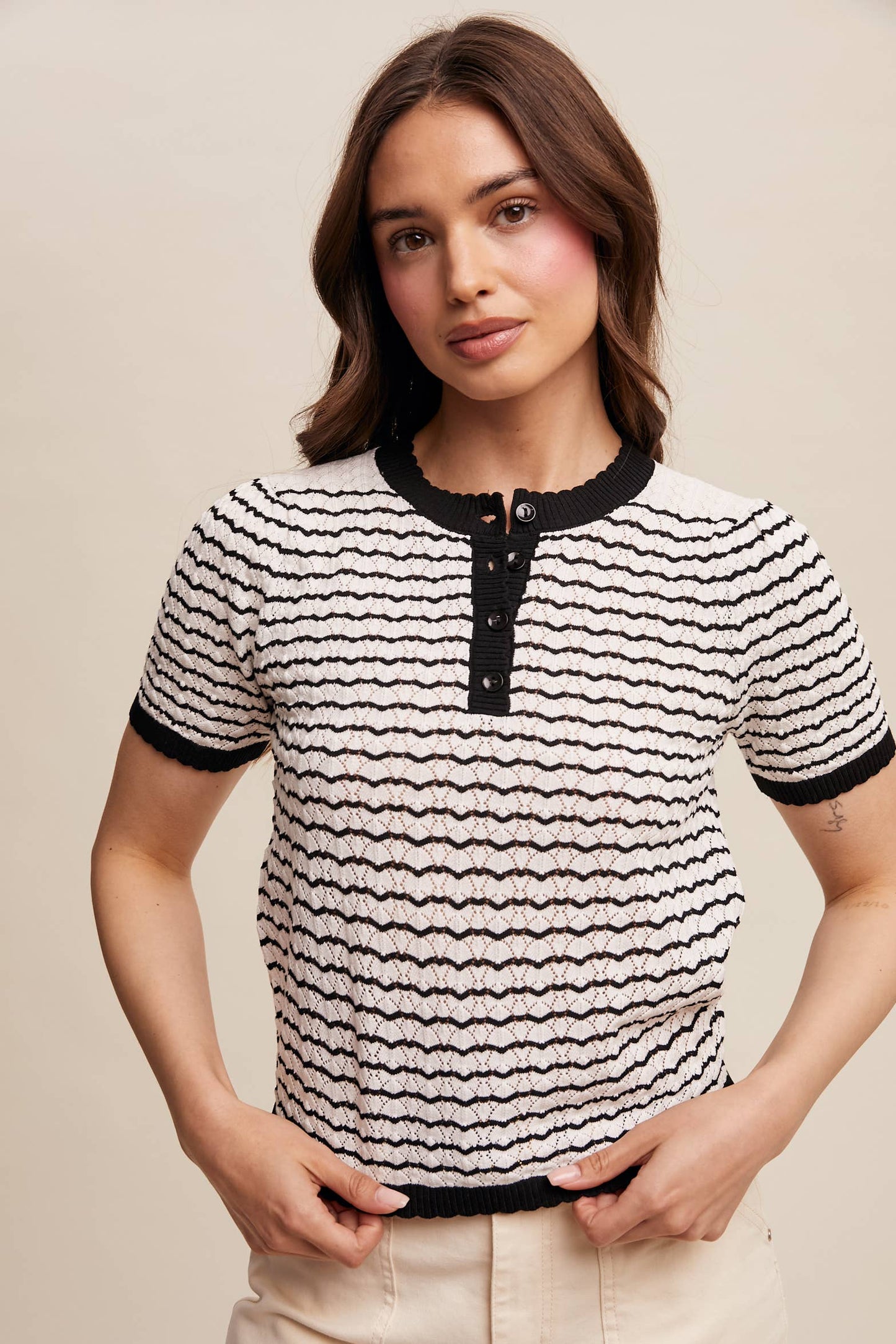BlackStriped Lace Light Weight Knit Sweater Top