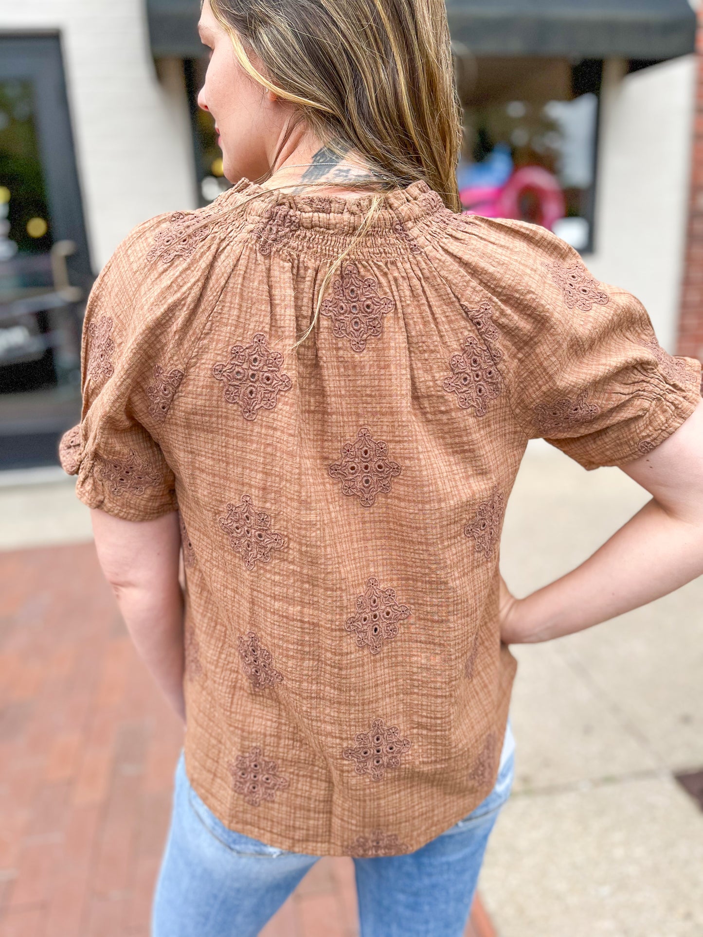 Latte Smocked Eyelet Woven Top