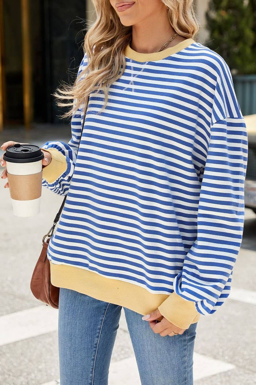 Royal Blue Striped Oversized Crewneck Sweatshirt