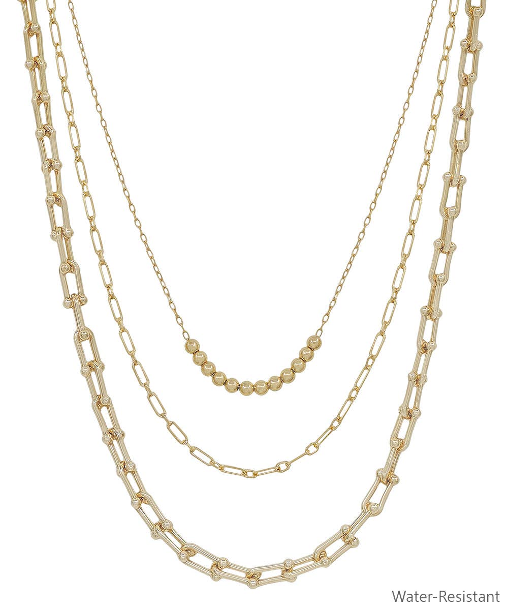 Gold Triple Layered Beaded and Gold Chain 16"-18" Necklace