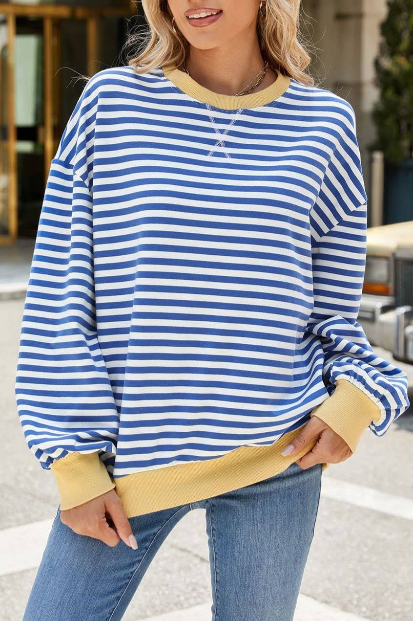 Royal Blue Striped Oversized Crewneck Sweatshirt