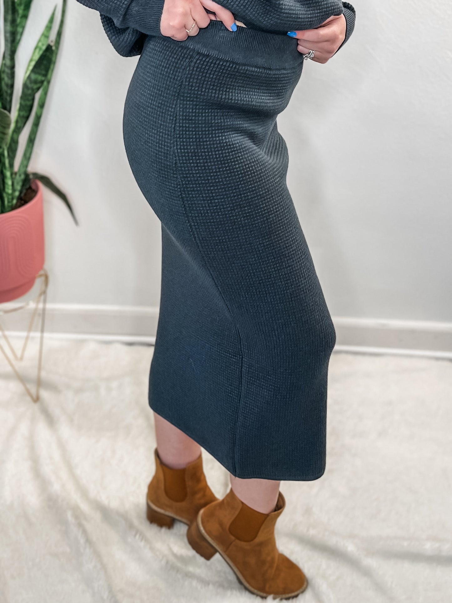 Ink Navy Waffle Texture Skirt Set