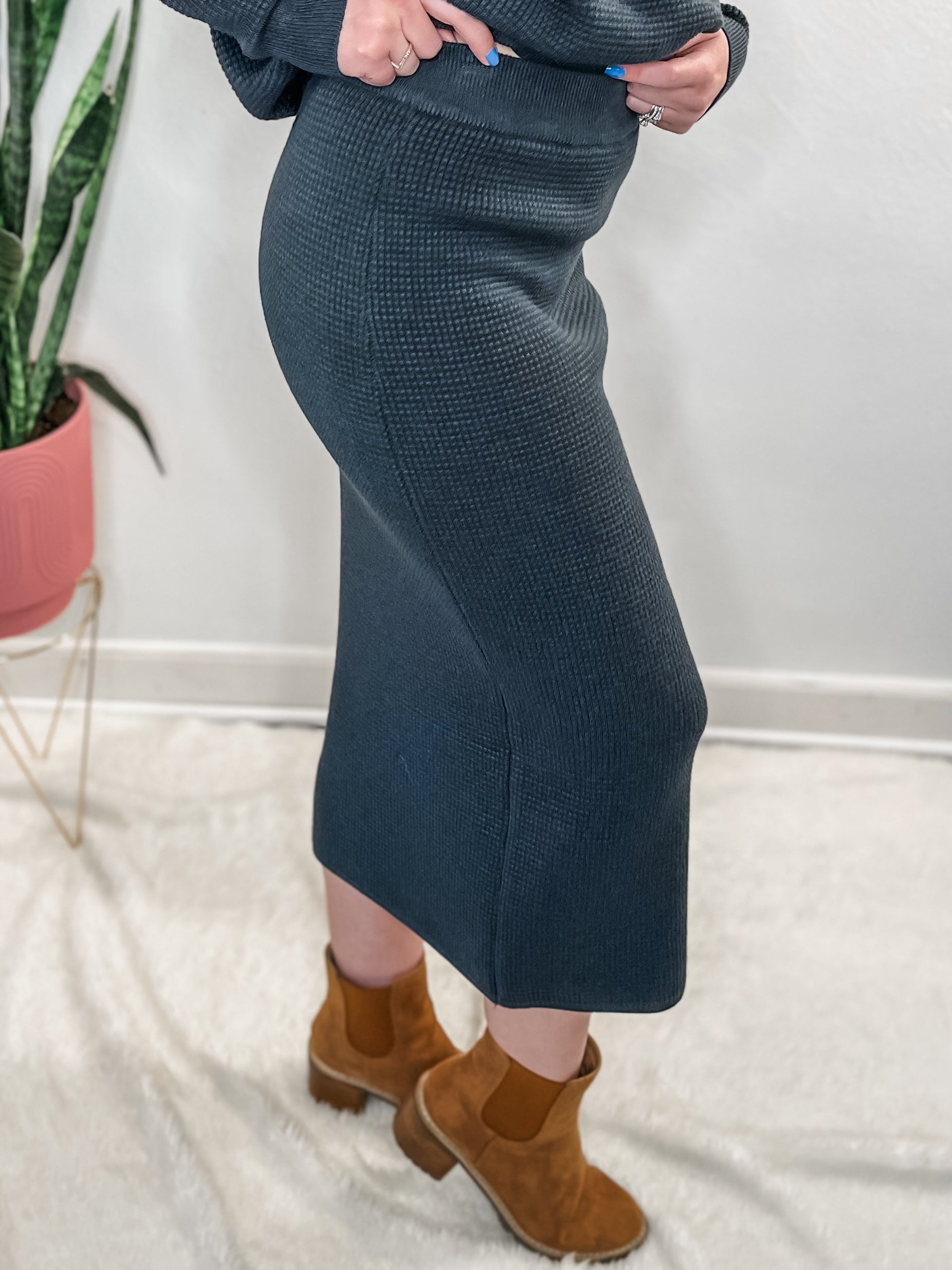 Ink Navy Waffle Texture Skirt Set