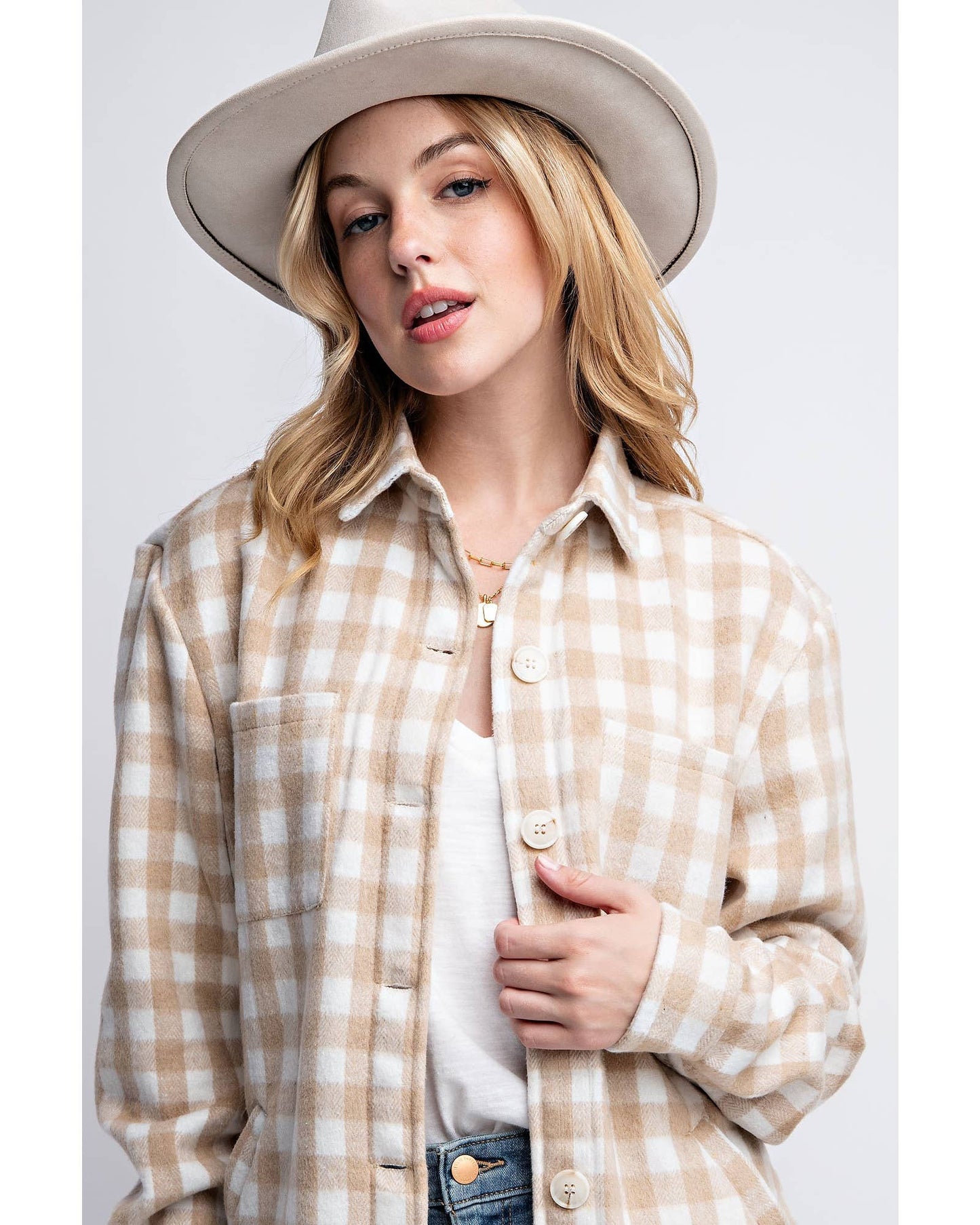 FUZZY PLAID FUR LINED BUTTON DOWN FLANNEL SHACKET