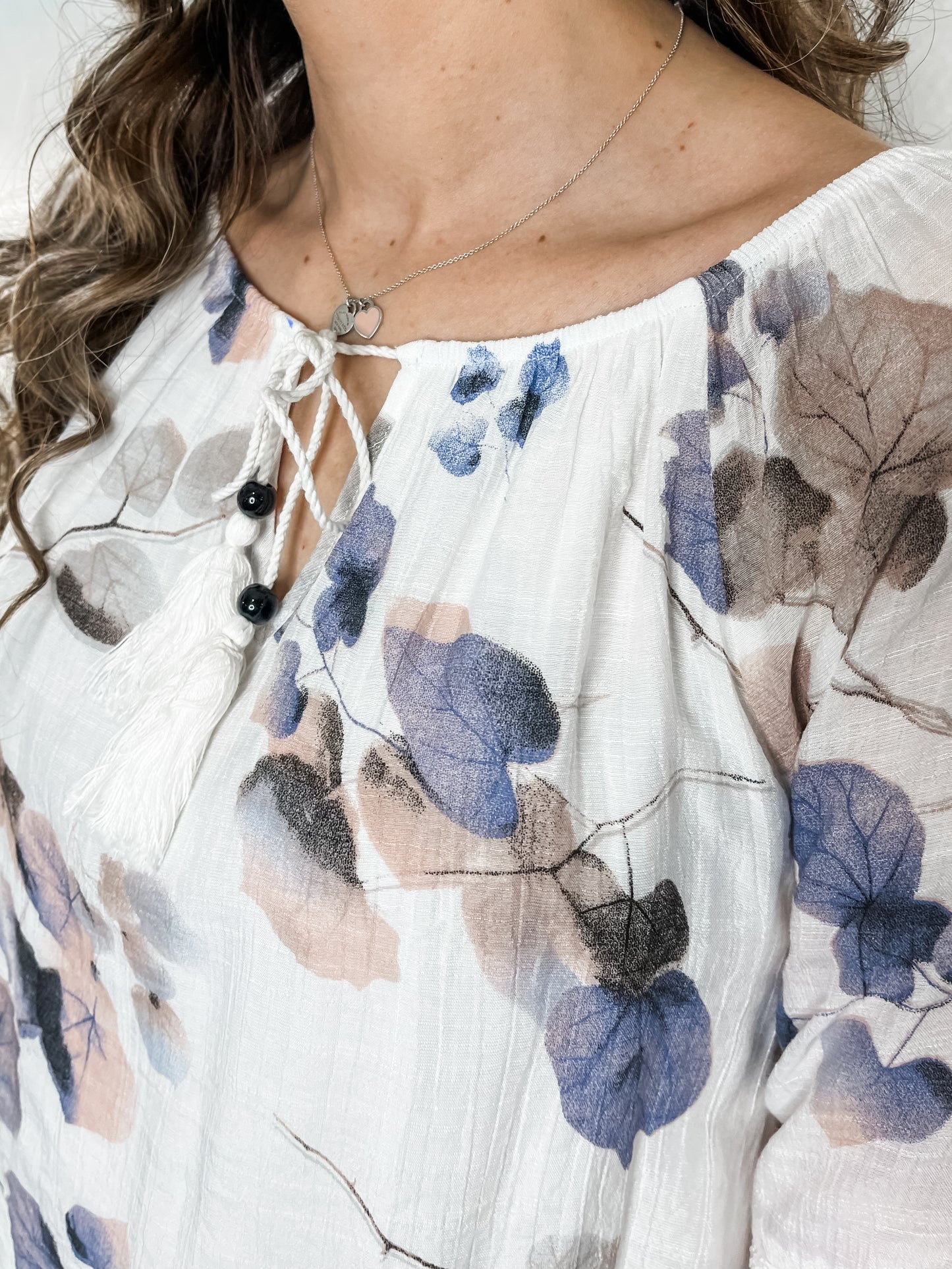 Leaf Printed Lace Insert Blouse